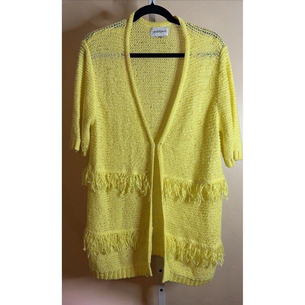 Peck & Peck Cardigan Women Bright Yellow Cotton Knit Open Front Fringe Summer